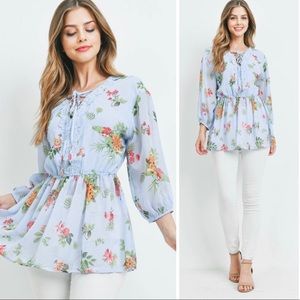 Floral print babydoll top in blue